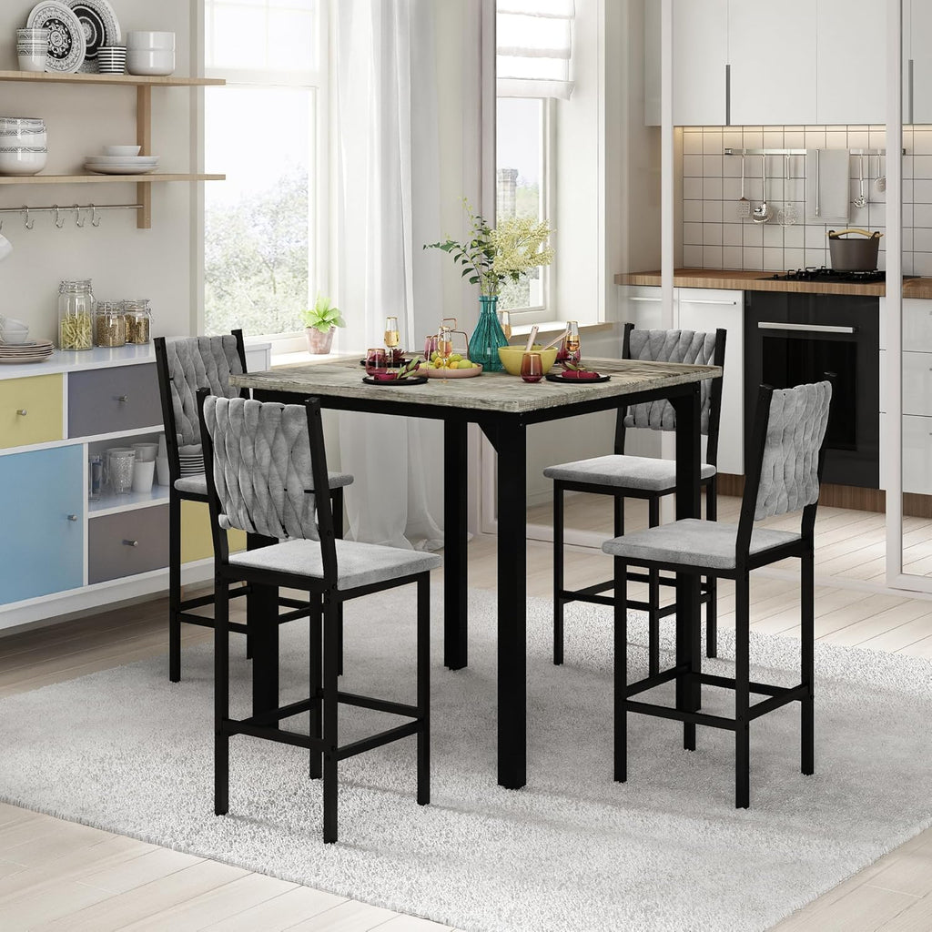 MOOSENG 5-Piece Counter Height Dining Table Set, Square Kitchen Table Set for 4 & 4 Velvet Bar Stools, Modern High Top Compact Dining Set Table for Small Spaces