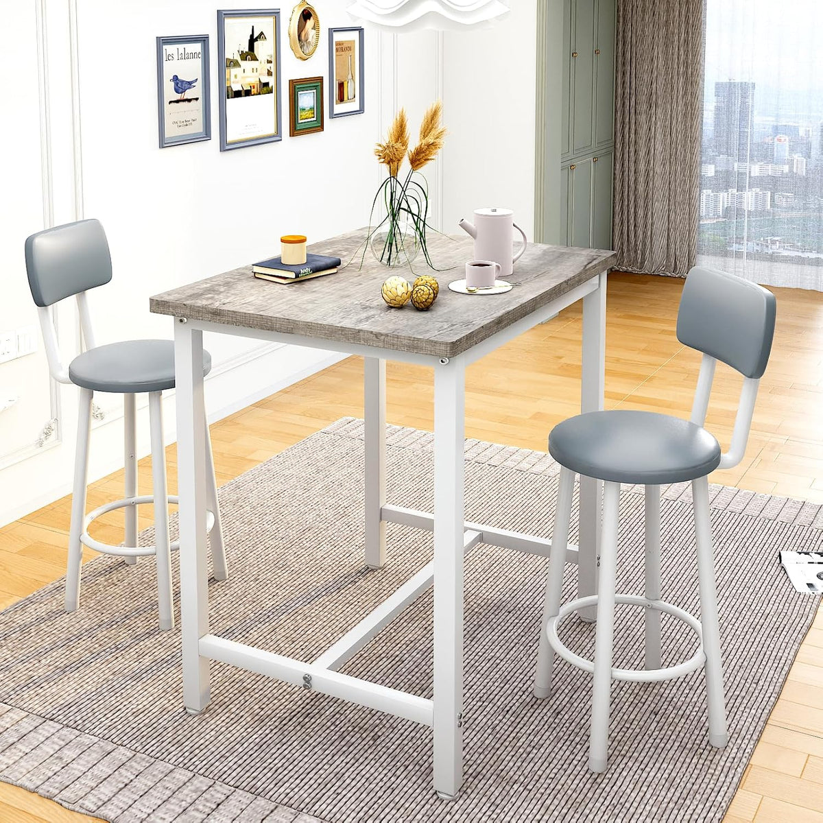 MOOSENG 3 Piece Counter Height Dining Table Set for 2, Bar Table Set of 2 Bistro Kitchen Table Sets with 2 PU Leather Bar Stools, Bar Table Set for Breakfast Nook Small Space