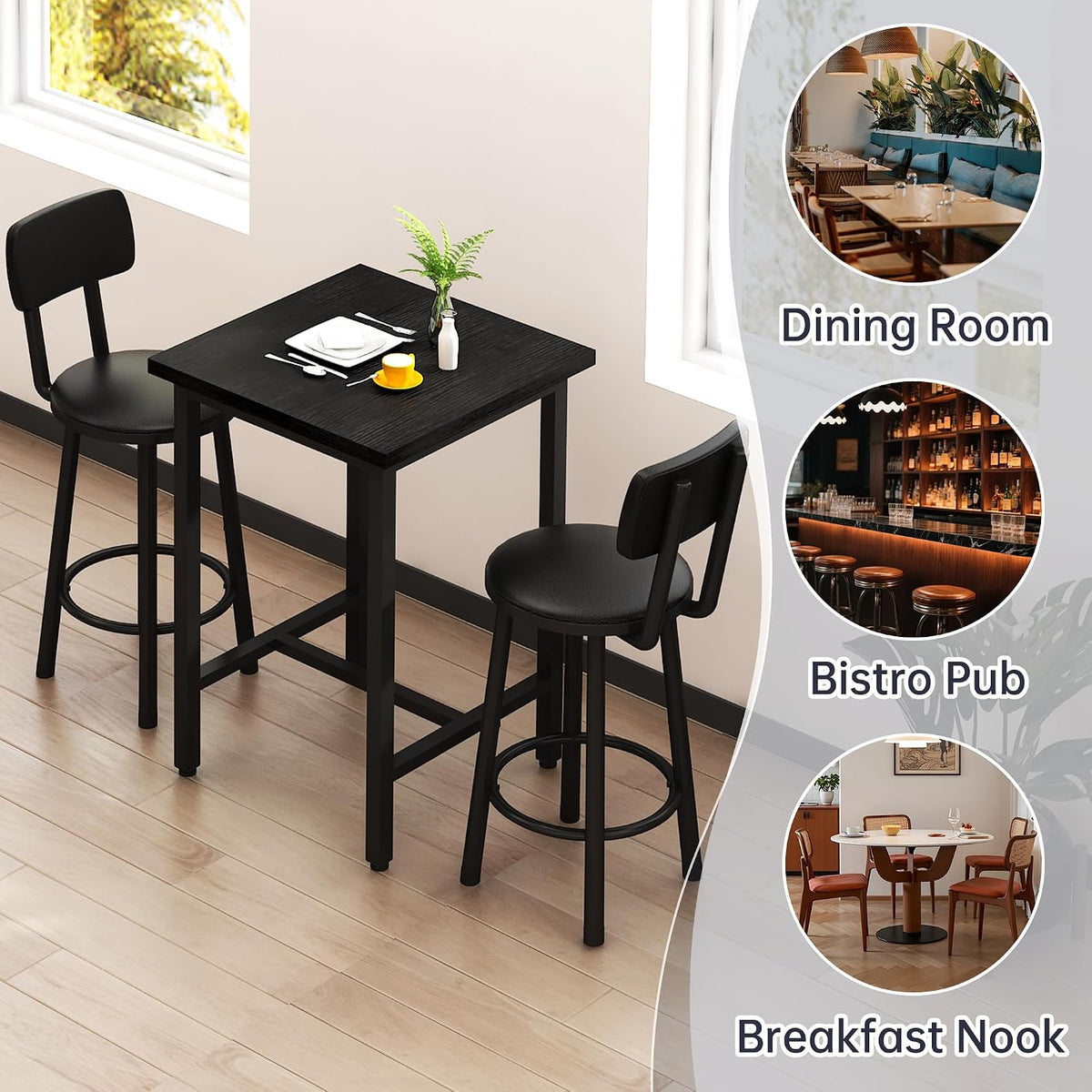 MOOSENG 3 Piece Counter Height Dining Table Set for 2, Bar Table Set of 2 Bistro Kitchen Table Sets with 2 PU Leather Bar Stools, Bar Table Set for Breakfast Nook Small Space