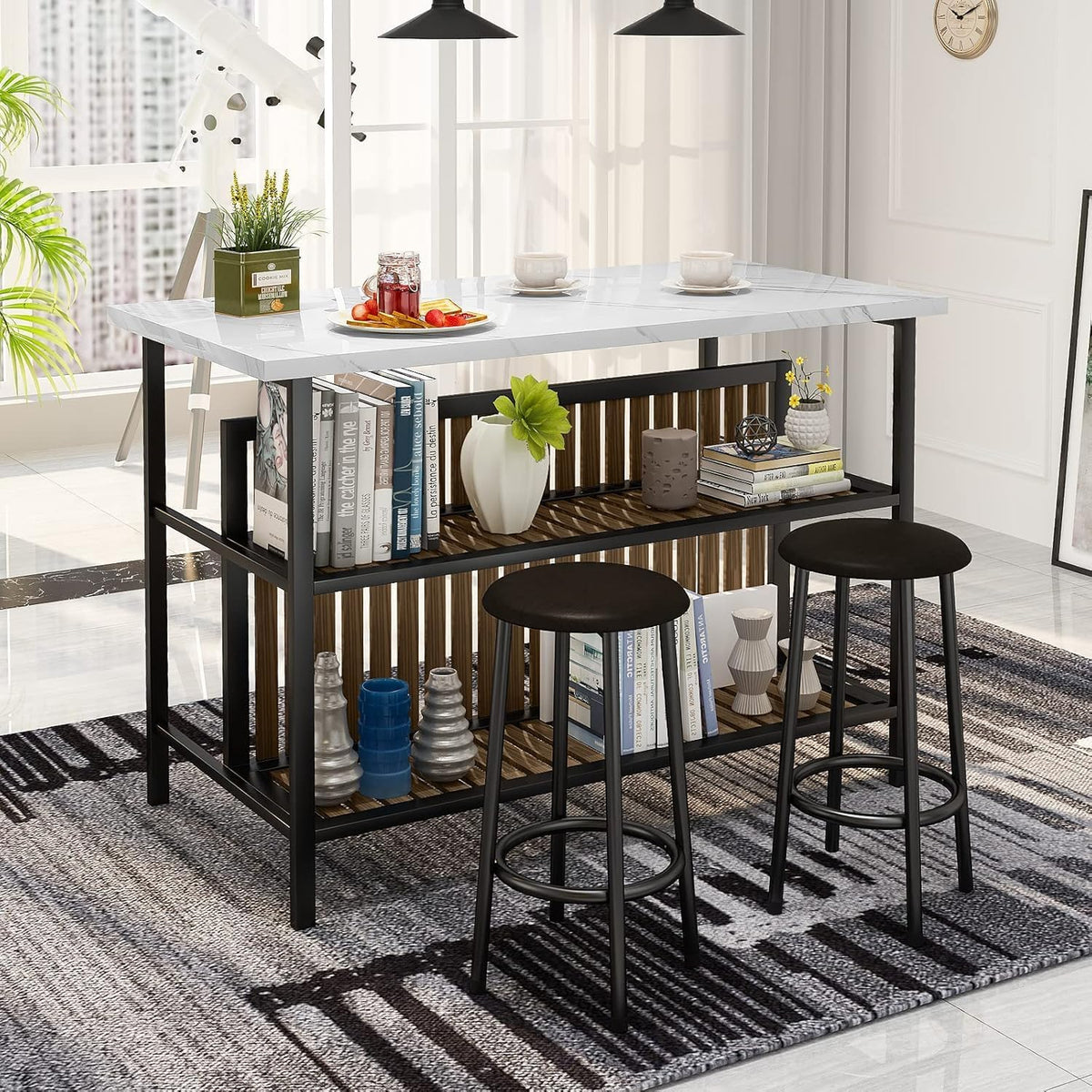 MOOSENG 3-Piece Kitchen Island Set with Storage, Wooden Bar Table and 2 Stools, Industrial Modern Counter Height Dining Table Sets for Small Spaces, Dining Room