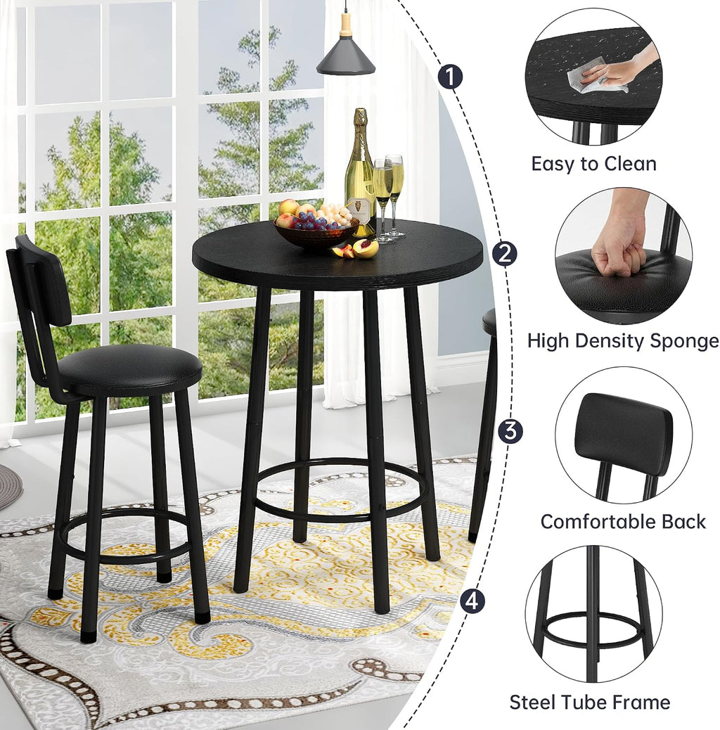MOOSENG 3 Piece Counter Height Dining Table Set for 2, Bar Table Set of 2 Bistro Kitchen Table Sets with 2 PU Leather Bar Stools, Bar Table Set for Breakfast Nook Small Space