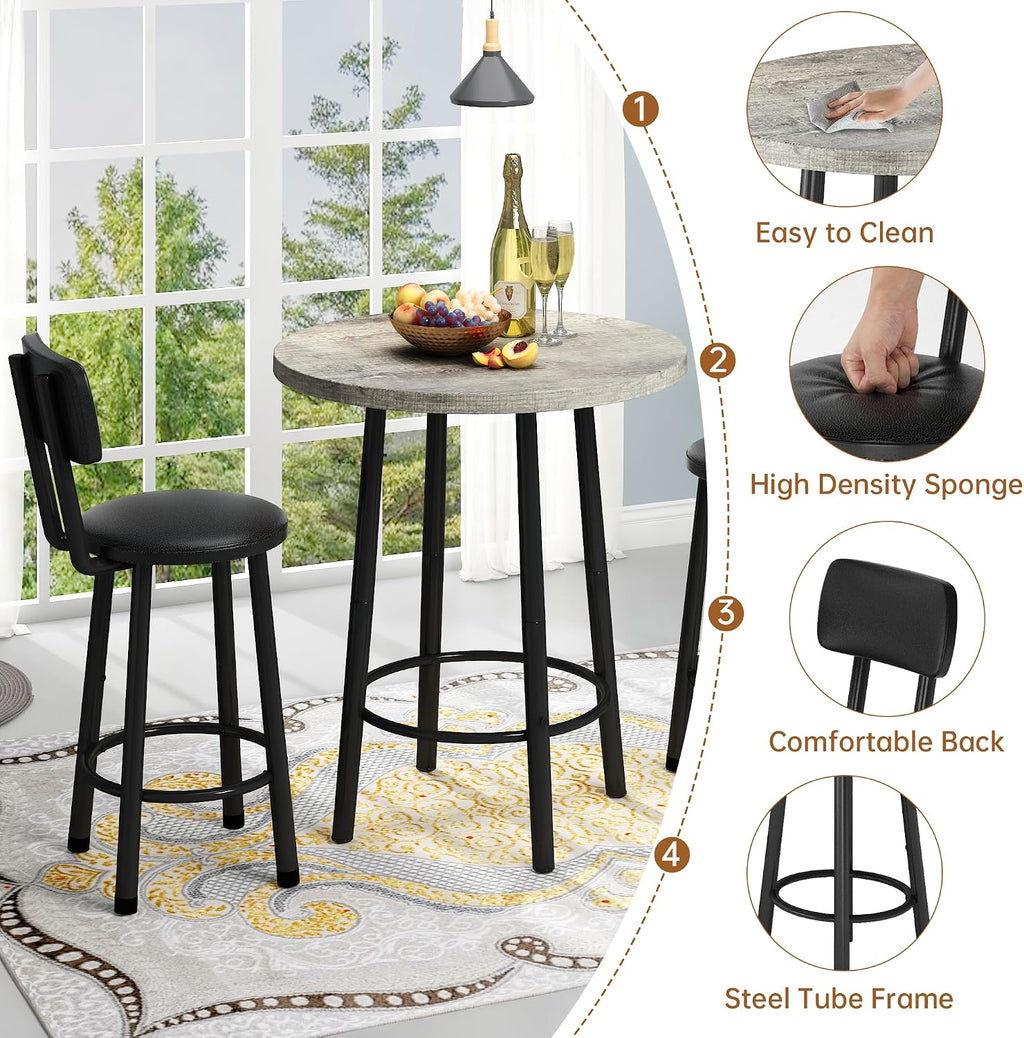 MOOSENG 3 Piece Counter Height Dining Table Set for 2, Bar Table Set of 2 Bistro Kitchen Table Sets with 2 PU Leather Bar Stools, Bar Table Set for Breakfast Nook Small Space
