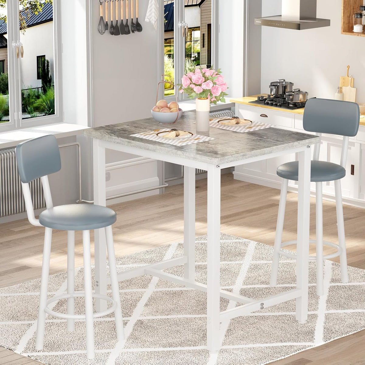 MOOSENG 3 Piece Counter Height Dining Table Set for 2, Bar Table Set of 2 Bistro Kitchen Table Sets with 2 PU Leather Bar Stools, Bar Table Set for Breakfast Nook Small Space
