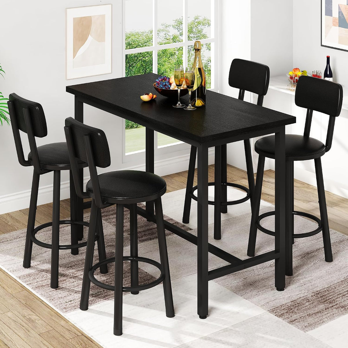 MOOSENG 4-Piece Counter Height Bar Table Dining Set with Metal Frame & 4 PU Stools, Space-Saving for Kitchen, Restaurant, Small Apartment