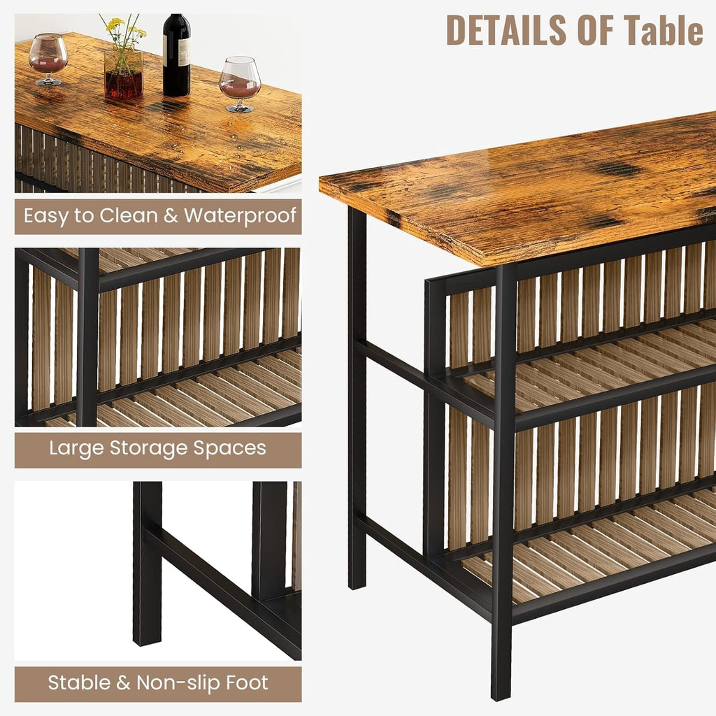 MOOSENG 3-Piece Kitchen Island Set with Storage, Wooden Bar Table and 2 Stools, Industrial Modern Counter Height Dining Table Sets for Small Spaces, Dining Room
