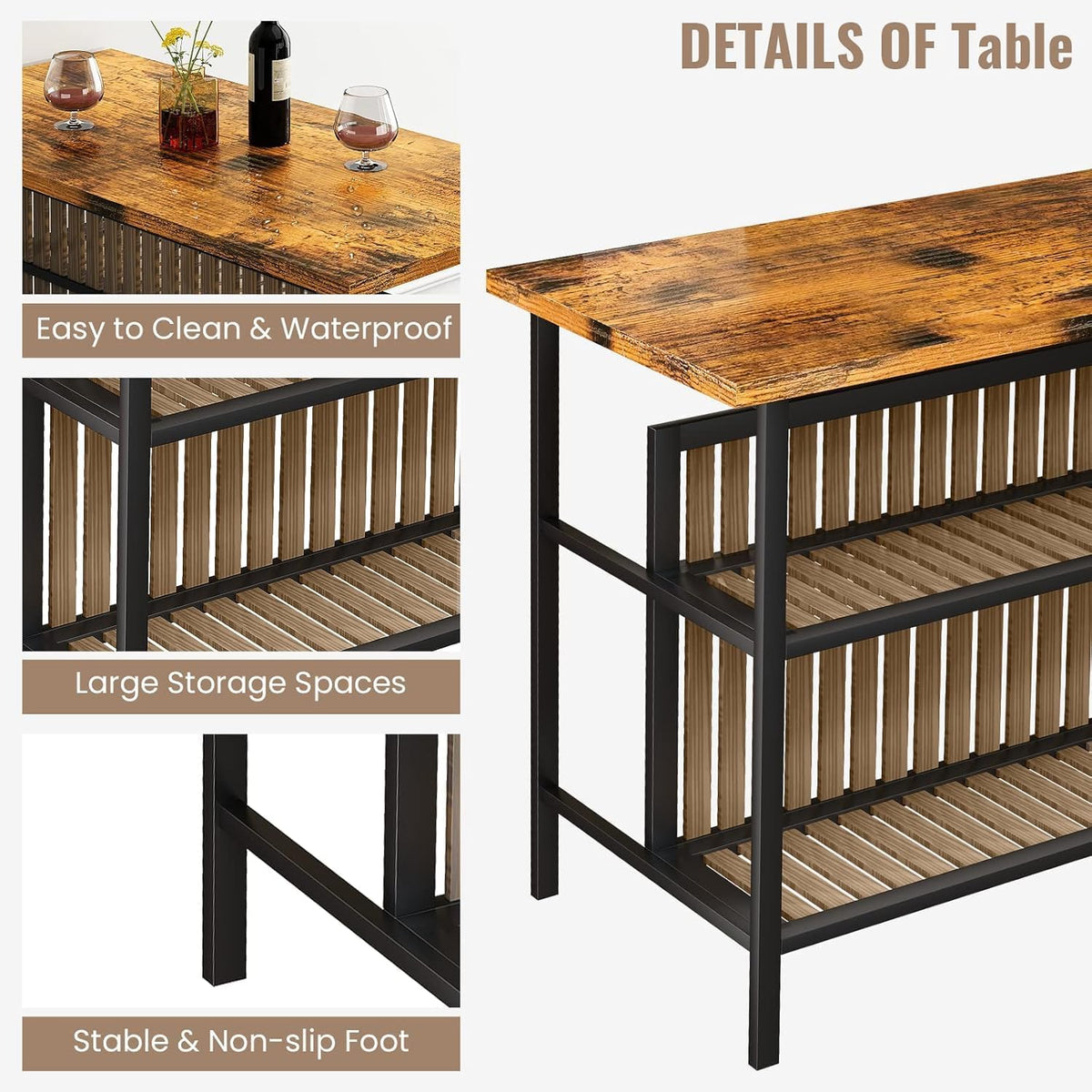 MOOSENG 3-Piece Kitchen Island Set with Storage, Wooden Bar Table and 2 Stools, Industrial Modern Counter Height Dining Table Sets for Small Spaces, Dining Room