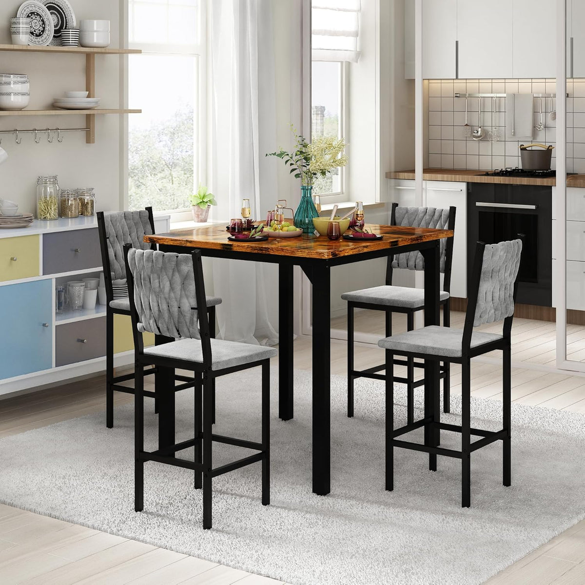 MOOSENG 5-Piece Counter Height Dining Table Set, Square Kitchen Table Set for 4 & 4 Velvet Bar Stools, Modern High Top Compact Dining Set Table for Small Spaces