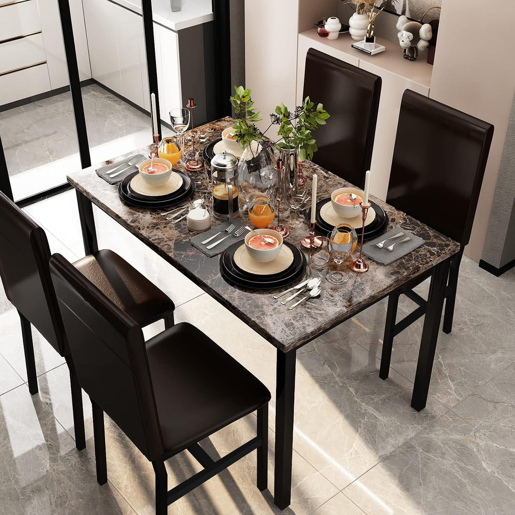 Cvortll Dining Table Set for 4, Modern Faux Marble Kitchen Table Set with 4 Leather Upholstered Chairs, 5-Piece Dinette for Dining Room, Nooks