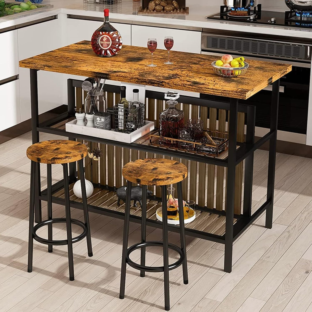 MOOSENG 3-Piece Kitchen Island Set with Storage, Wooden Bar Table and 2 Stools, Industrial Modern Counter Height Dining Table Sets for Small Spaces, Dining Room