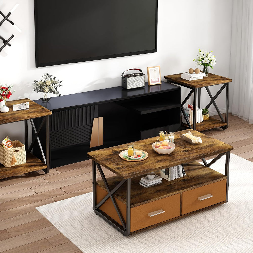 Cvortll 3-Piece Coffee Table Set with Storage, Rustic Brown Wood & Black Metal Industrial Living Room Table Set (No ratings yet)