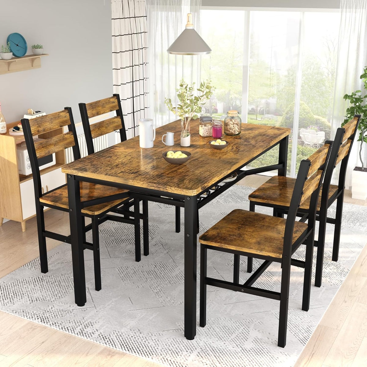 MOOSENG 5-Piece Dining Table Set with Wine Rack, Wood Kitchen Table and Set of 4 Chairs, Space-Saving Farmhouse Dinette Set for Breakfast Nook, Apartment Brown