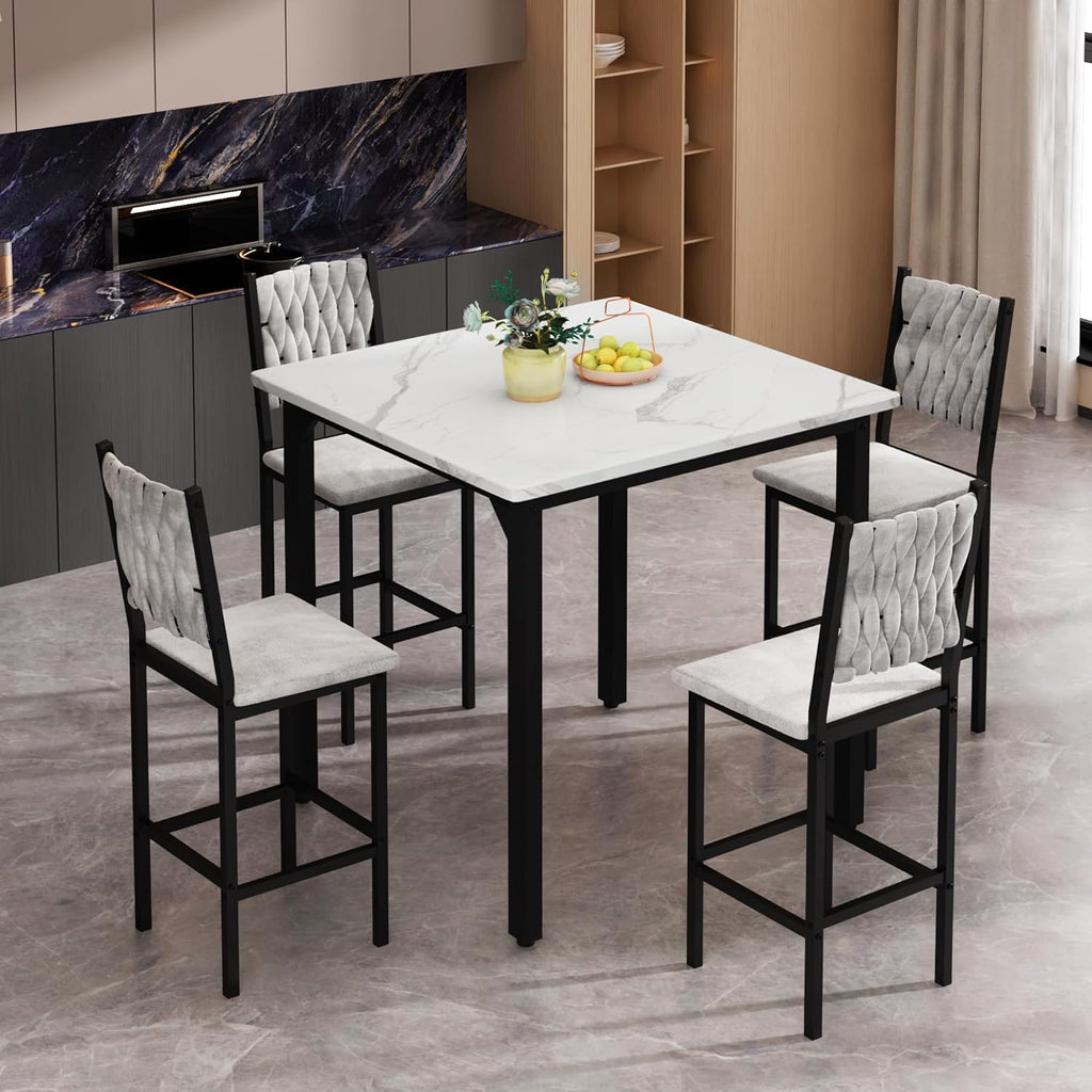 MOOSENG 5-Piece Counter Height Dining Table Set, Square Kitchen Table Set for 4 & 4 Velvet Bar Stools, Modern High Top Compact Dining Set Table for Small Spaces