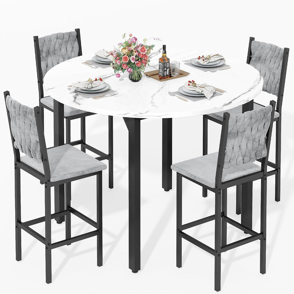 MOOSENG 5 Piece Round Dining Table Set for 4, Counter Height Dining Set with 4 Velvet Upholstered Chairs, Modern Kitchen Table Set, Round Dining Table & Chair for Small Spaces