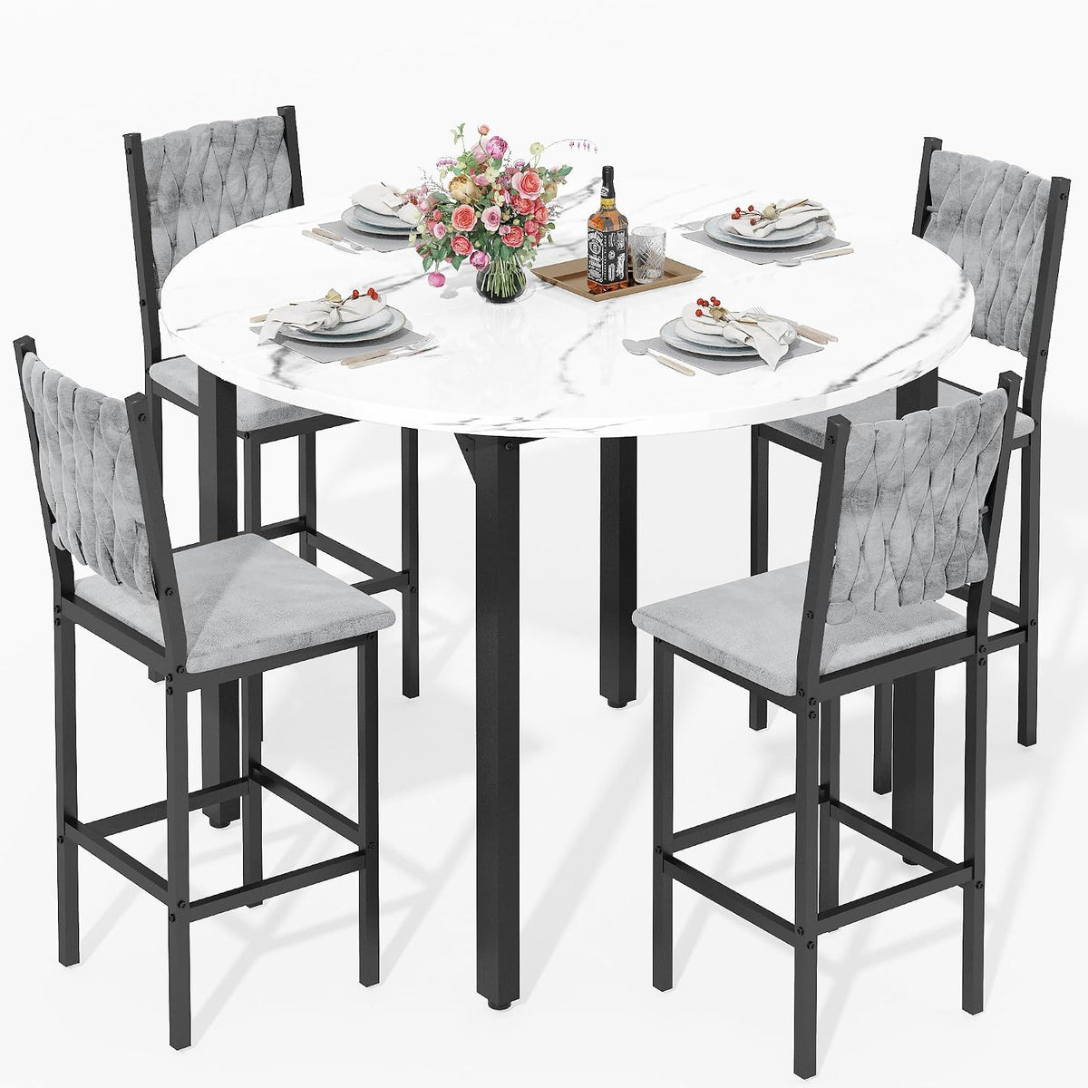 MOOSENG 5 Piece Round Dining Table Set for 4, Counter Height Dining Set with 4 Velvet Upholstered Chairs, Modern Kitchen Table Set, Round Dining Table & Chair for Small Spaces