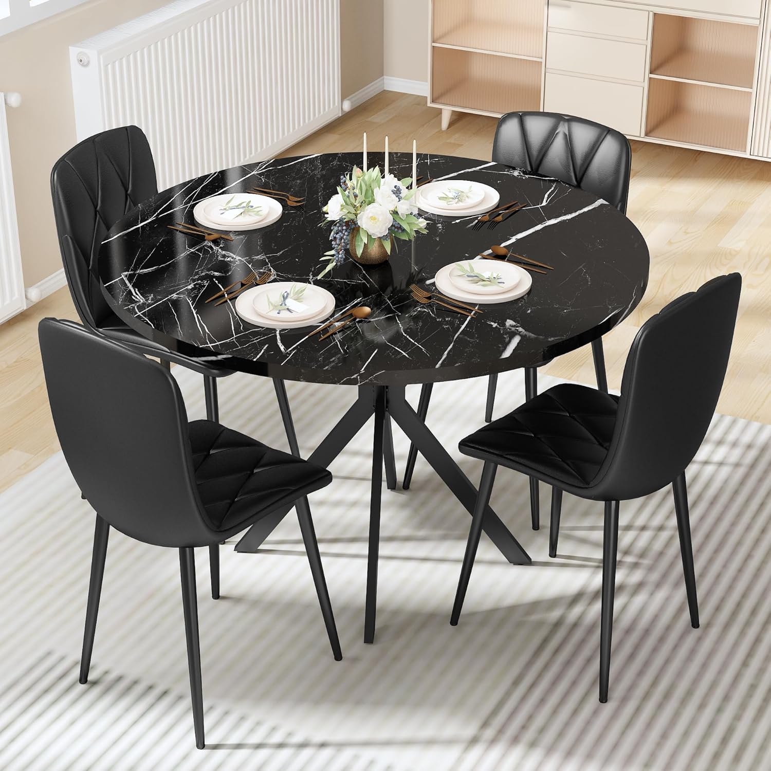 LinkRomat Round Kitchen Table and Chairs Set, 5-Piece Dining Room Table Set with Faux Marble Top & 4 Luxury Diamond Tufted Chairs, Used in Kitchens and Dining