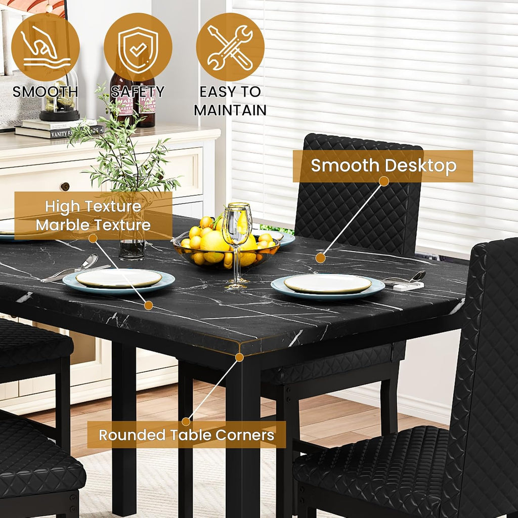 Cvortll 5 Piece Dining Table Set, Kitchen Table and Chairs Set for 4 with Faux Marble and 4 Velvet Upholstered Dining Chairs for Home, Restaurant, Black & Black