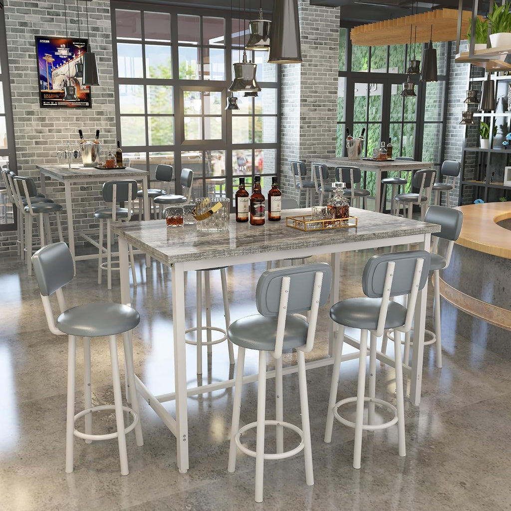 7-Piece Dining Table Set for 6, 50" Wood High-Dining Bistro Set with 6 Backrest Cushion Stools, Saving Space Pub and Chairs Sets for Bar, Kitchen, Gray