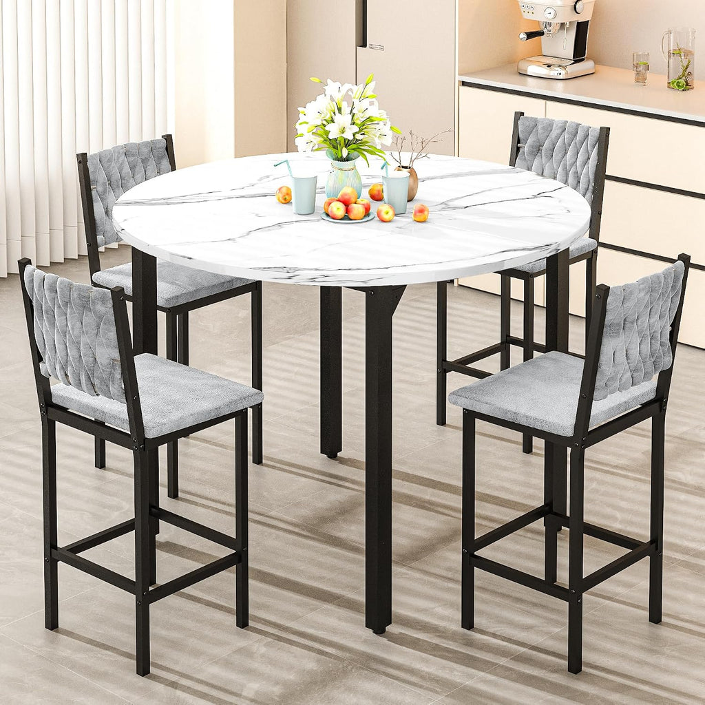 MOOSENG 5 Piece Round Dining Table Set for 4, Counter Height Dining Set with 4 Velvet Upholstered Chairs, Modern Kitchen Table Set, Round Dining Table & Chair for Small Spaces