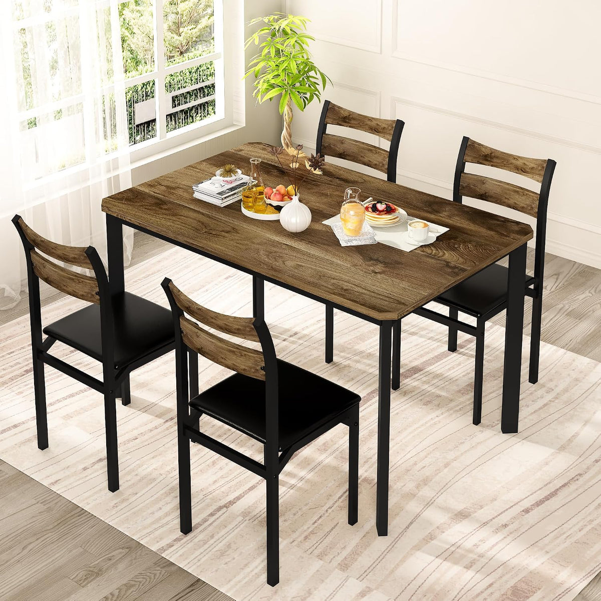 Cvortll Rectangle Wooden Dining Table Set for 4 with PU Leather Chairs, Modern Kitchen Table Set, Brown