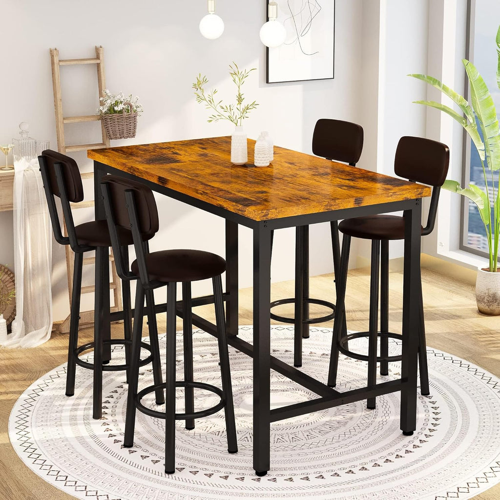 MOOSENG 4-Piece Counter Height Bar Table Dining Set with Metal Frame & 4 PU Stools, Space-Saving for Kitchen, Restaurant, Small Apartment