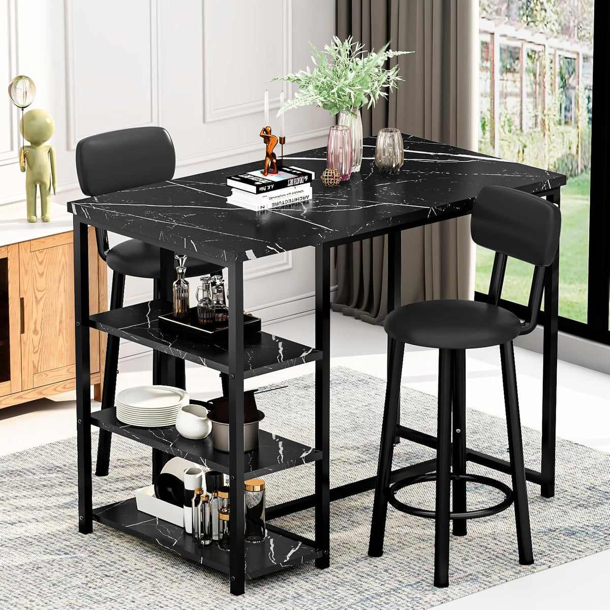 Cvortll Dining Table Set for 2, Marble Counter Height Pub Table with 2 PU Leather Backrest Stools & 3 Storage Shelves, Bar and Chairs Set for Small Space Dining Room, Kitchen, Bar