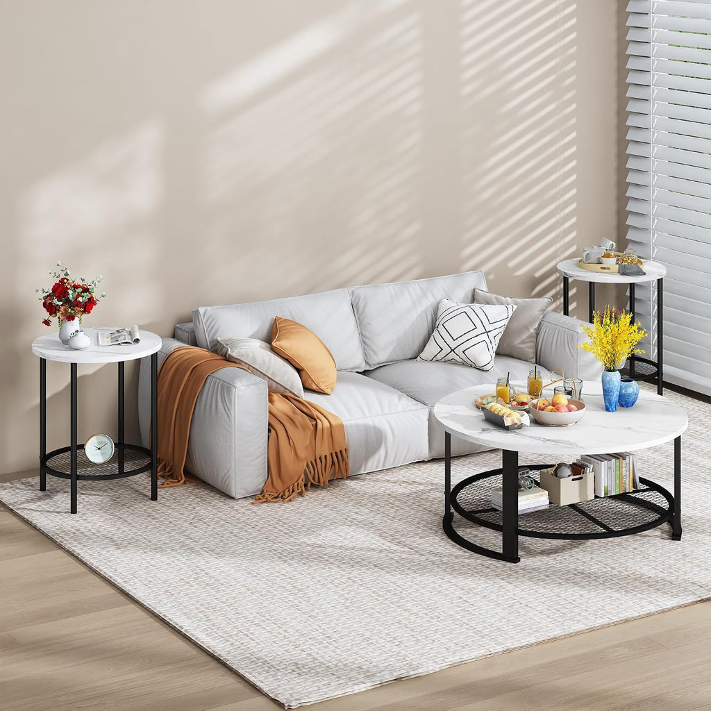 MOOSENG Coffee Table Set of 3, Industrial Vintage Wood Coffee Table with 2 Square End Side Tables, Easy Assembly Living Room Table Set for Offices, Living Rooms and Apartments
