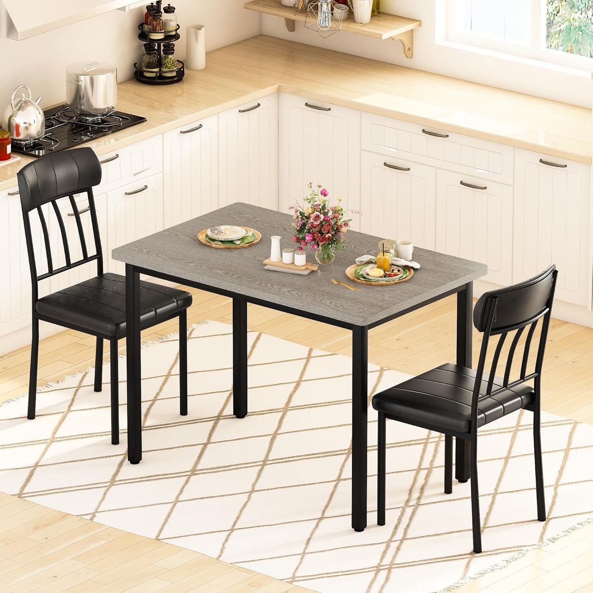 MOOSENG 3-Piece Dining Table Set for 2, Modern Style Kitchen Table and 2 Chairs, Compact Industrial Breakfast Nook Set for Small Spaces, Apartments, Living Room