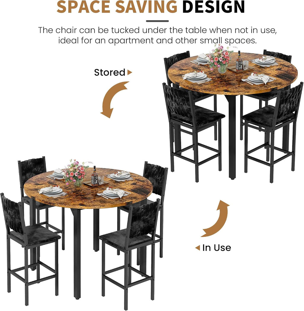 MOOSENG 5 Piece Round Dining Table Set for 4, Counter Height Dining Set with 4 Velvet Upholstered Chairs, Modern Kitchen Table Set, Round Dining Table & Chair for Small Spaces