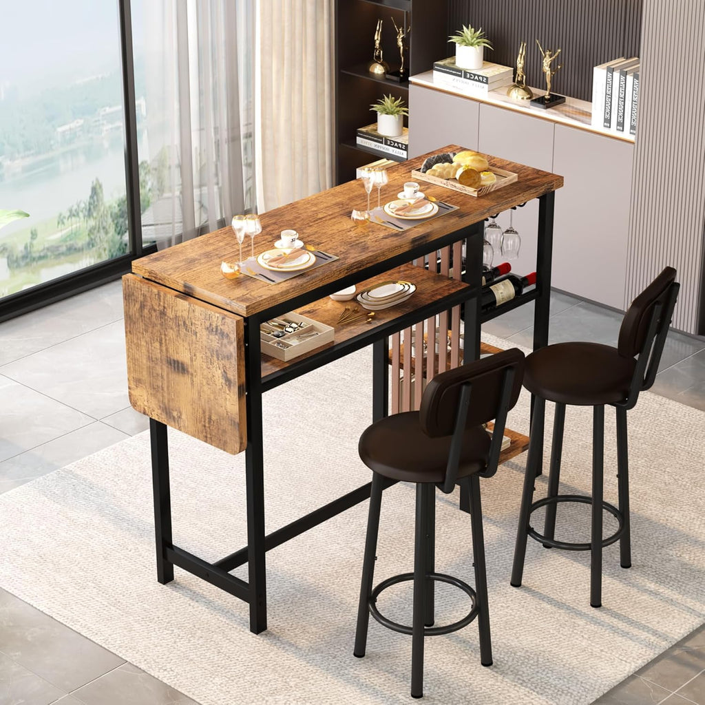 LinkRomat Bar Table Set, Modern Kitchen Dining Table with 4 Storage Shelves and 2 PU Back Stools for Kitchen and Breakfast Nook, Expandable 59 Inch