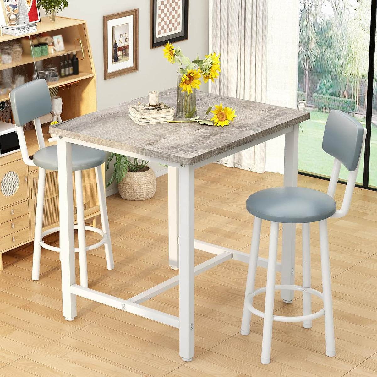 MOOSENG 3 Piece Counter Height Dining Table Set for 2, Bar Table Set of 2 Bistro Kitchen Table Sets with 2 PU Leather Bar Stools, Bar Table Set for Breakfast Nook Small Space