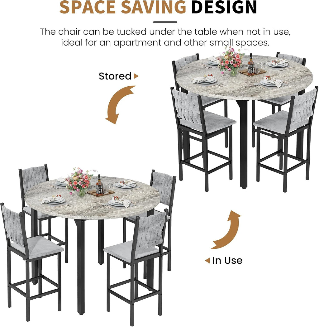 MOOSENG 5 Piece Round Dining Table Set for 4, Counter Height Dining Set with 4 Velvet Upholstered Chairs, Modern Kitchen Table Set, Round Dining Table & Chair for Small Spaces
