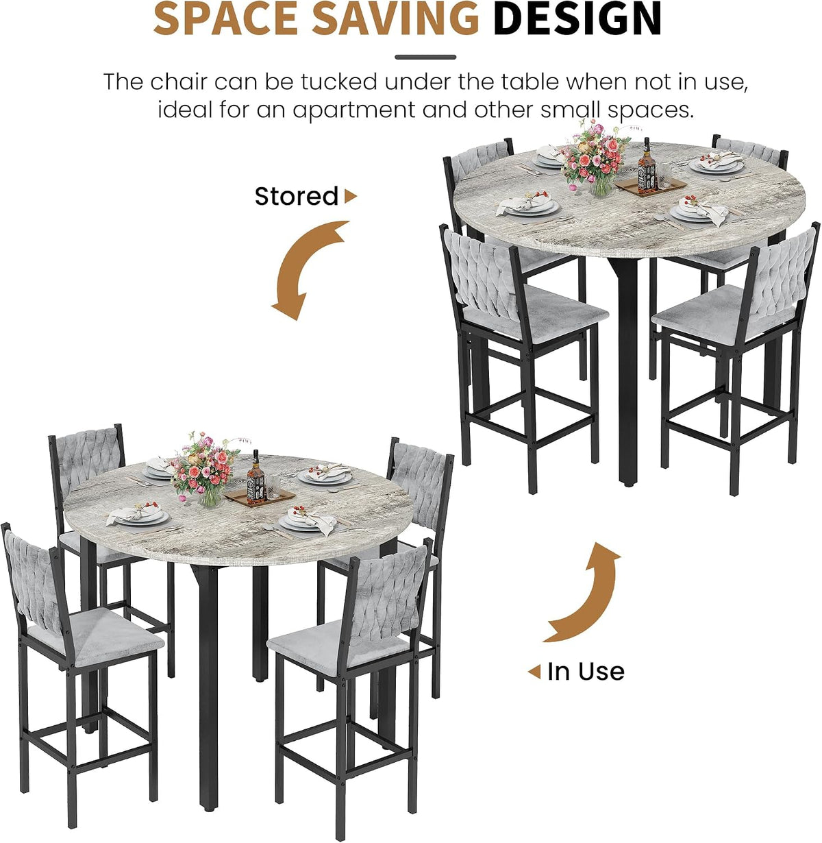 MOOSENG 5 Piece Round Dining Table Set for 4, Counter Height Dining Set with 4 Velvet Upholstered Chairs, Modern Kitchen Table Set, Round Dining Table & Chair for Small Spaces