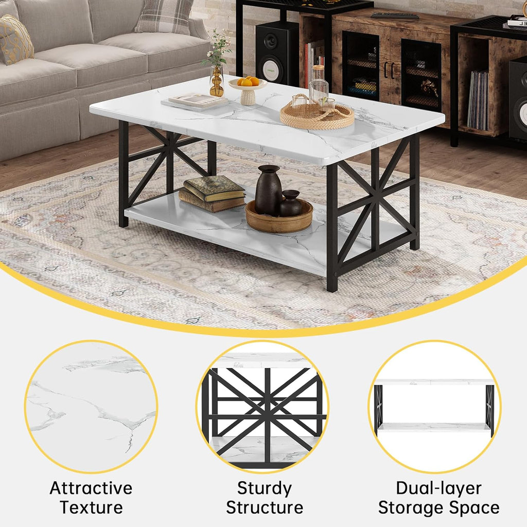 MOOSENG Coffee Table with Storage Shelf, 2-Tier Industrial Living Room Table Round Corners , Faux Marble Center Table with Metal Frame, Rustic Cocktail Table for Living Room