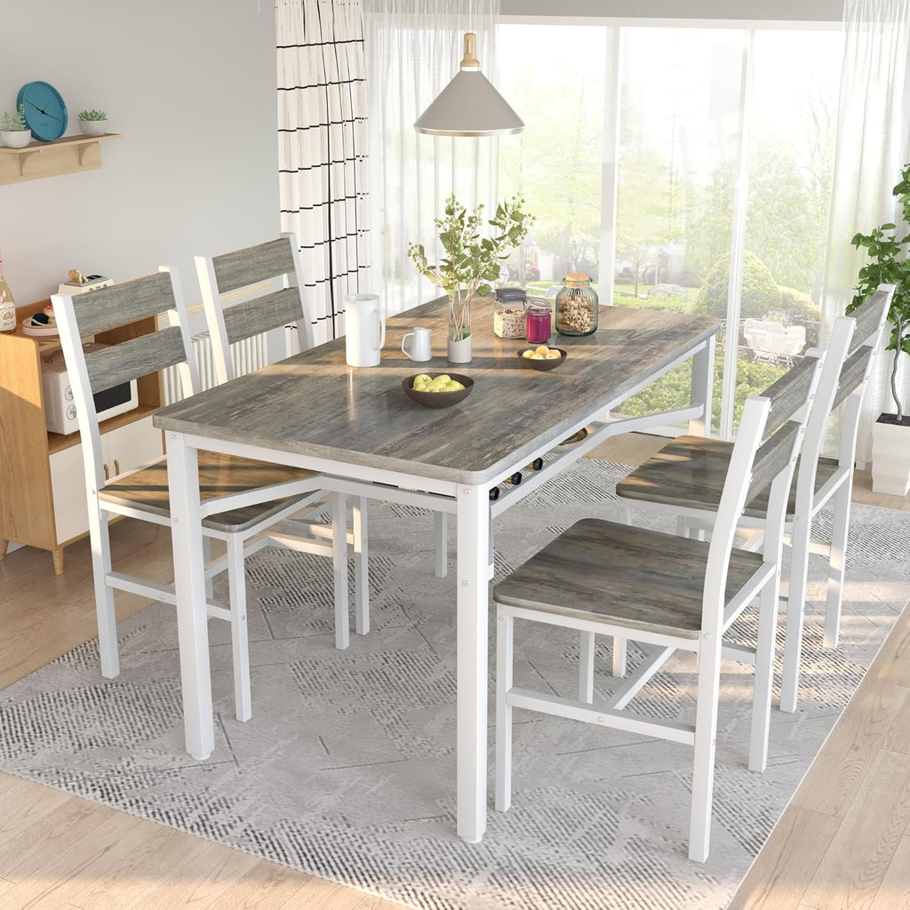 MOOSENG 5-Piece Dining Table Set with Wine Rack, Wood Kitchen Table and Set of 4 Chairs, Space-Saving Farmhouse Dinette Set for Breakfast Nook, Apartment Brown