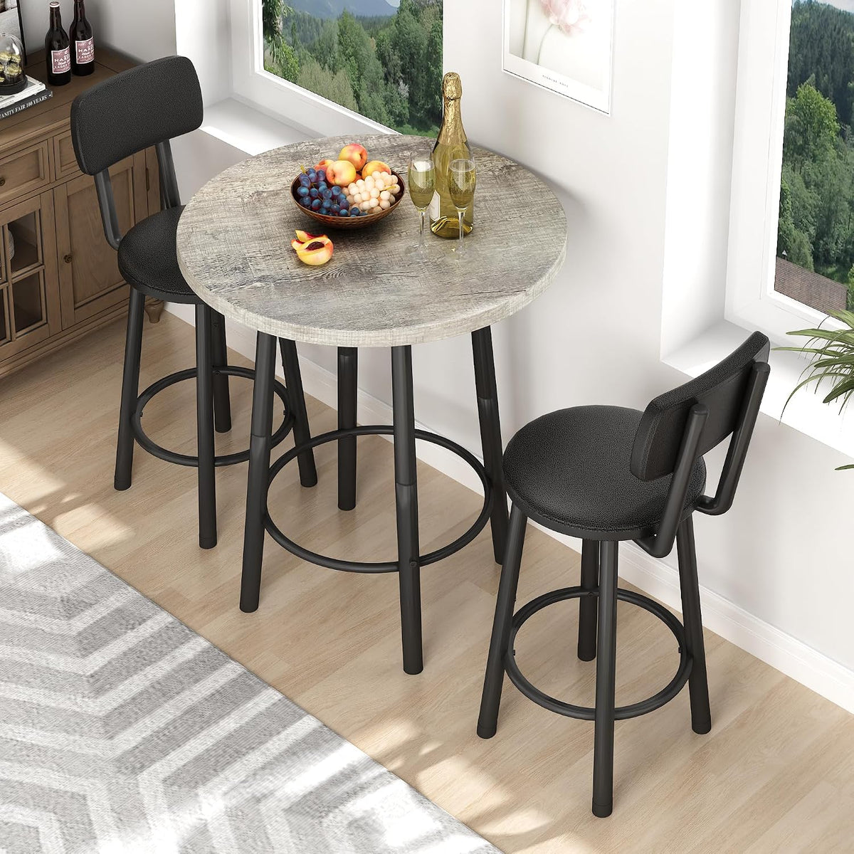 MOOSENG 3 Piece Counter Height Dining Table Set for 2, Bar Table Set of 2 Bistro Kitchen Table Sets with 2 PU Leather Bar Stools, Bar Table Set for Breakfast Nook Small Space