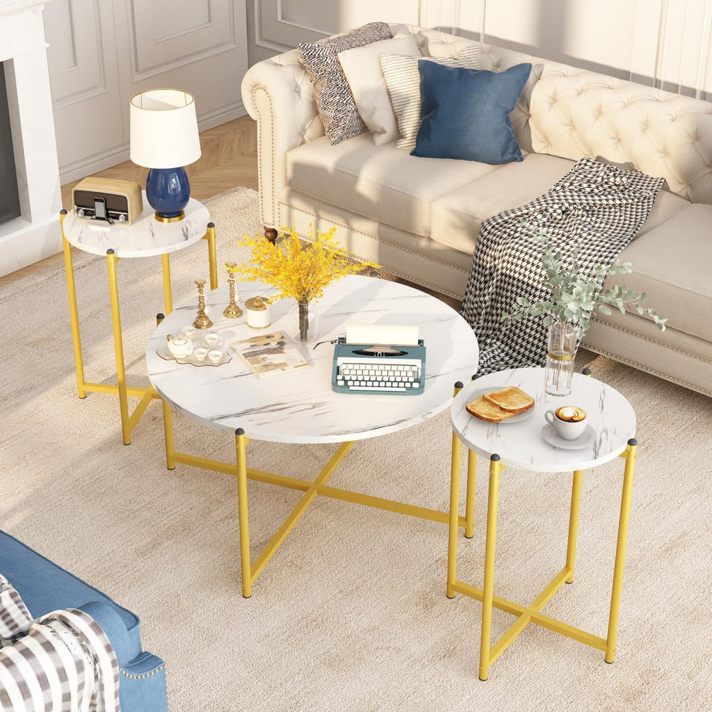 Cvortll Coffee Table Set of 3, Round Faux Marble Top with Cross Metal Frame, Modern Living Room Table for Apartment （White & Gold）
