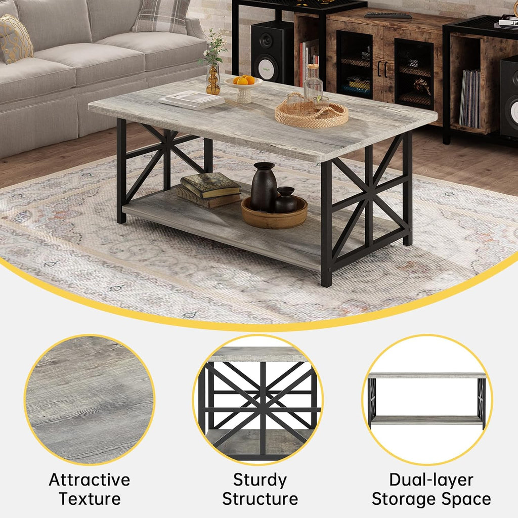 MOOSENG Coffee Table with Storage Shelf, 2-Tier Industrial Living Room Table Round Corners , Faux Marble Center Table with Metal Frame, Rustic Cocktail Table for Living Room