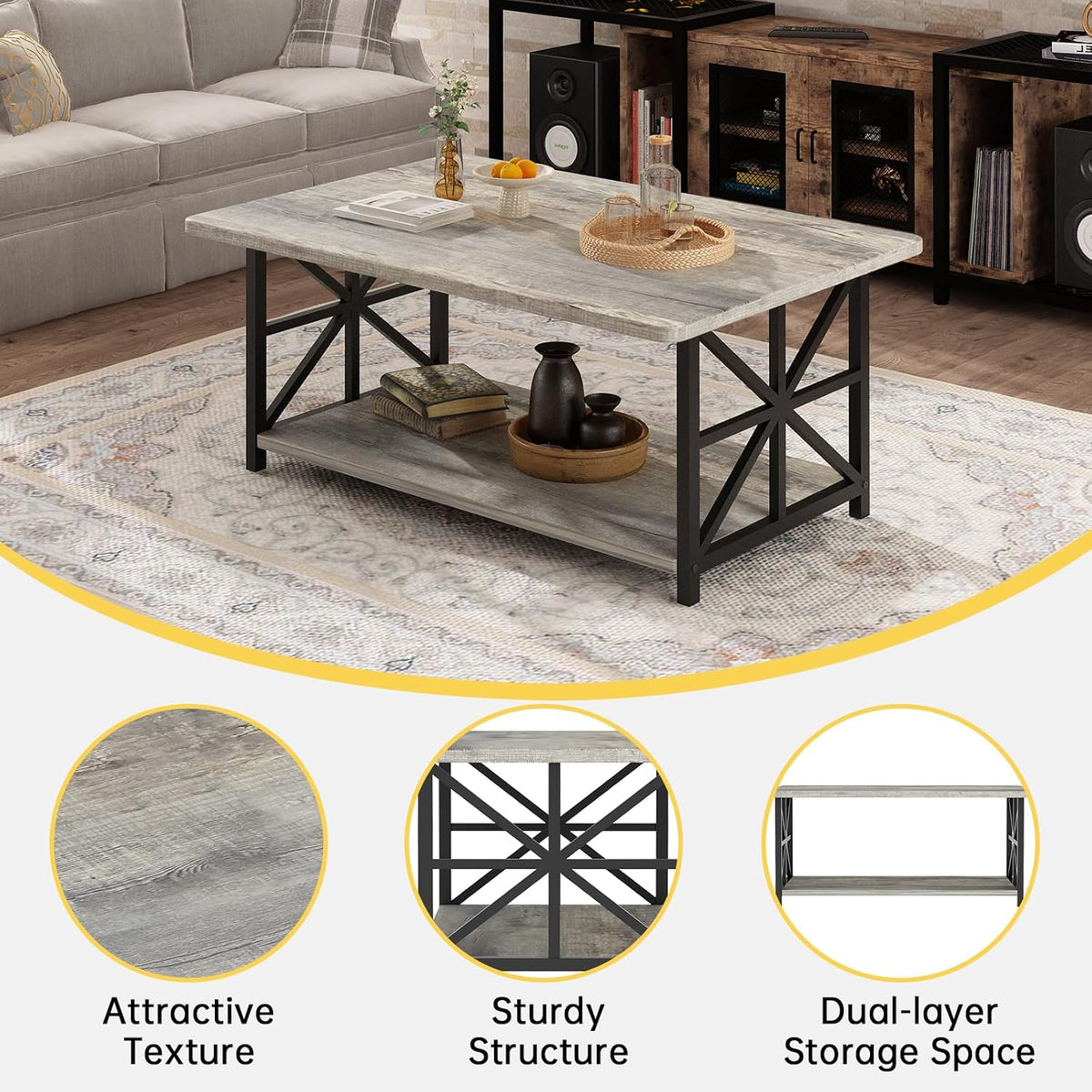 MOOSENG Coffee Table with Storage Shelf, 2-Tier Industrial Living Room Table Round Corners , Faux Marble Center Table with Metal Frame, Rustic Cocktail Table for Living Room
