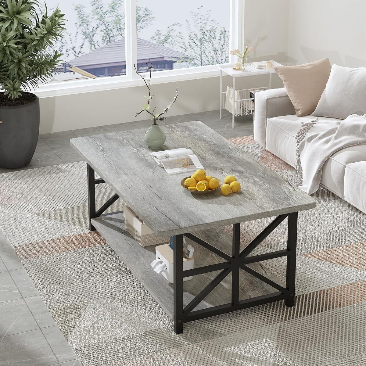 MOOSENG Coffee Table with Storage Shelf, 2-Tier Industrial Living Room Table Round Corners , Faux Marble Center Table with Metal Frame, Rustic Cocktail Table for Living Room