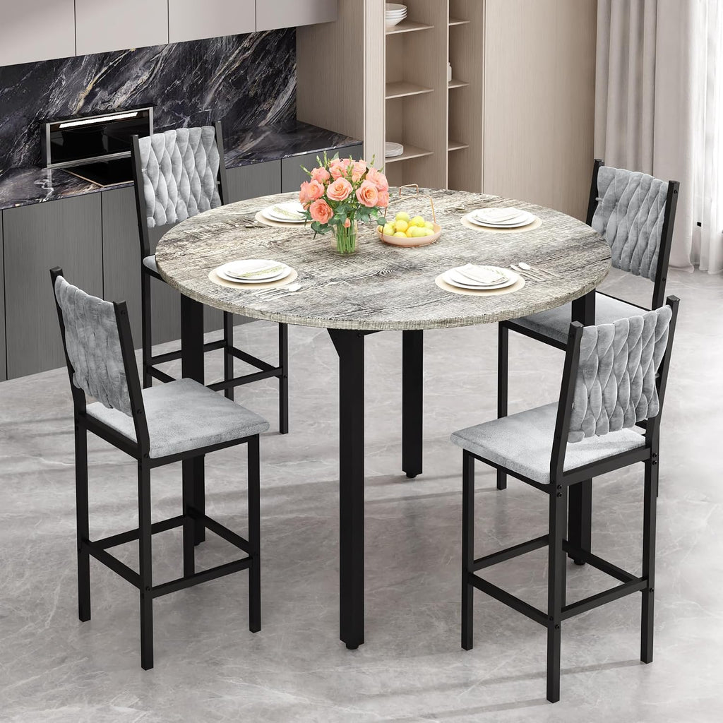 MOOSENG 5 Piece Round Dining Table Set for 4, Counter Height Dining Set with 4 Velvet Upholstered Chairs, Modern Kitchen Table Set, Round Dining Table & Chair for Small Spaces
