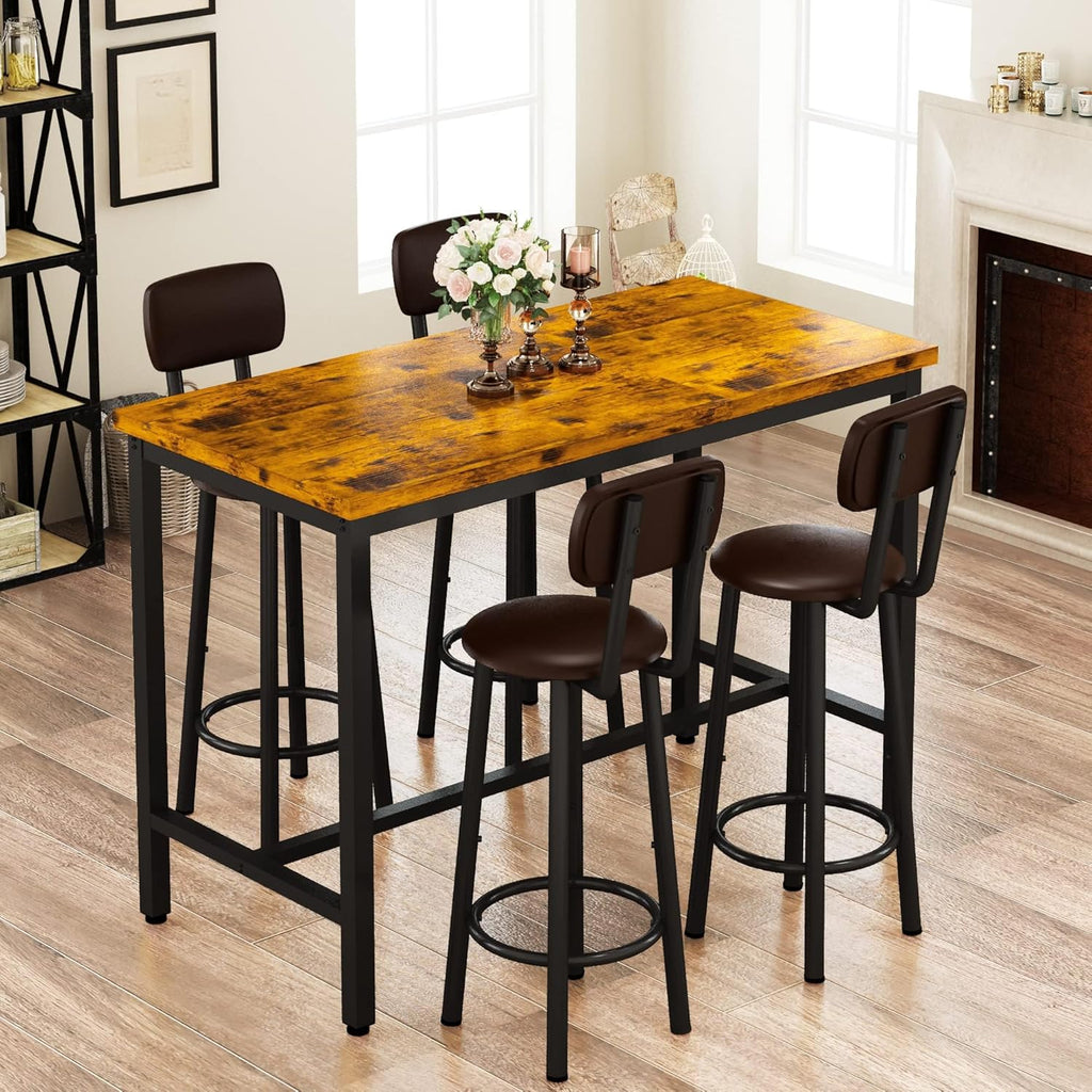 MOOSENG 4-Piece Counter Height Bar Table Dining Set with Metal Frame & 4 PU Stools, Space-Saving for Kitchen, Restaurant, Small Apartment