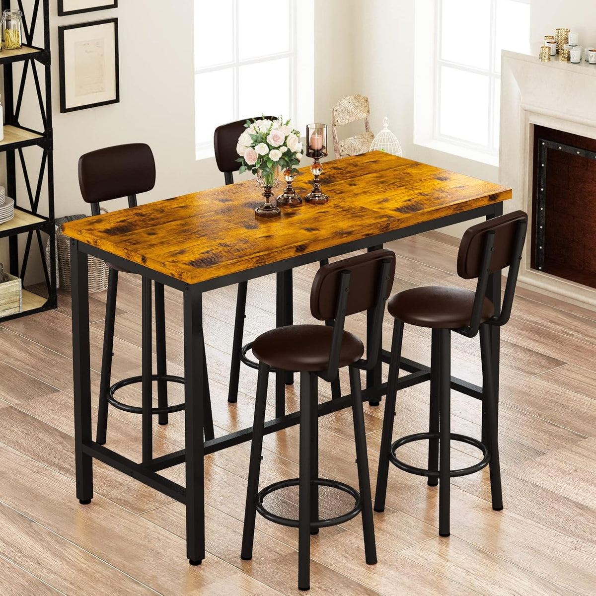 MOOSENG 4-Piece Counter Height Bar Table Dining Set with Metal Frame & 4 PU Stools, Space-Saving for Kitchen, Restaurant, Small Apartment