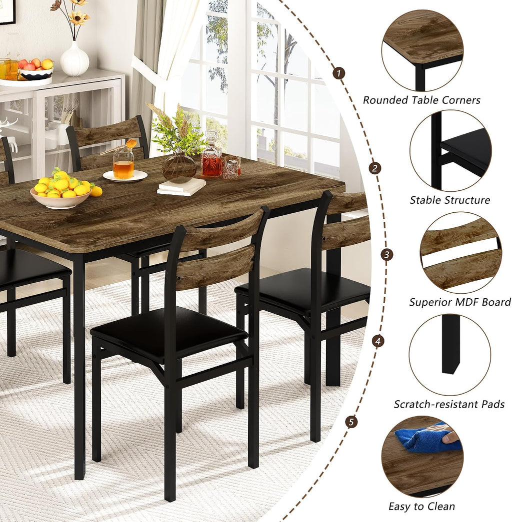 Cvortll Rectangle Wooden Dining Table Set for 4 with PU Leather Chairs, Modern Kitchen Table Set, Brown