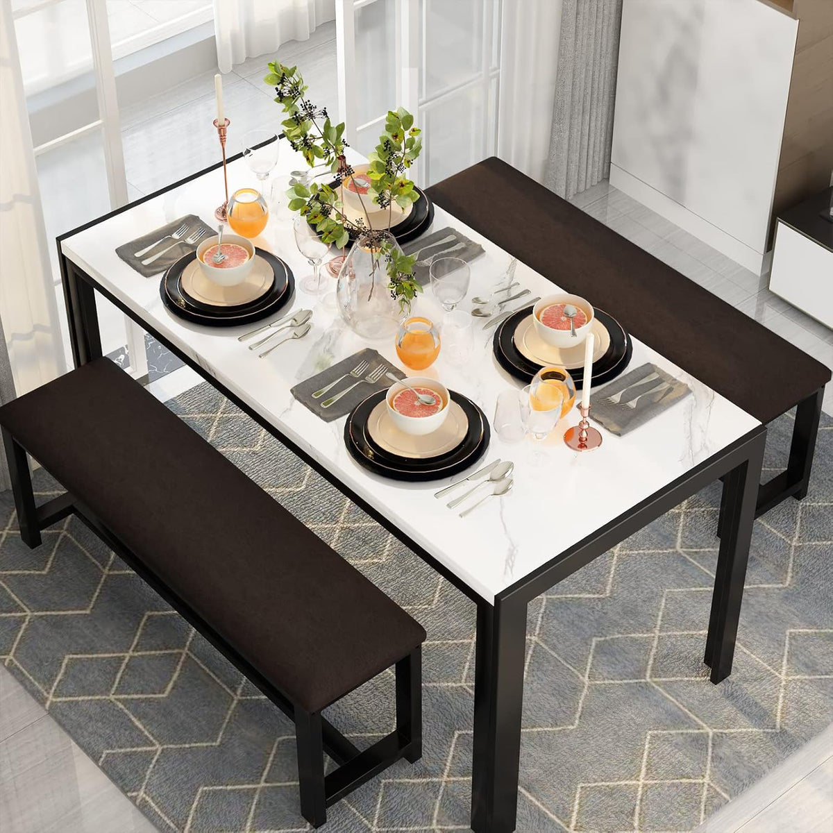Cvortll Breakfast Nook Table Set,Coffee Table with Bench for 4-6 People, Kitchen Tables Set for Small Spaces