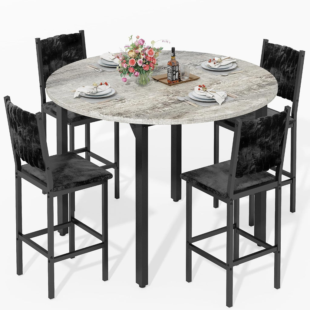 MOOSENG 5 Piece Round Dining Table Set for 4, Counter Height Dining Set with 4 Velvet Upholstered Chairs, Modern Kitchen Table Set, Round Dining Table & Chair for Small Spaces