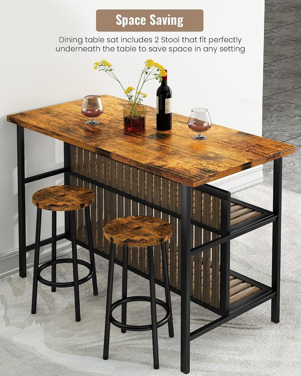 MOOSENG 3-Piece Kitchen Island Set with Storage, Wooden Bar Table and 2 Stools, Industrial Modern Counter Height Dining Table Sets for Small Spaces, Dining Room