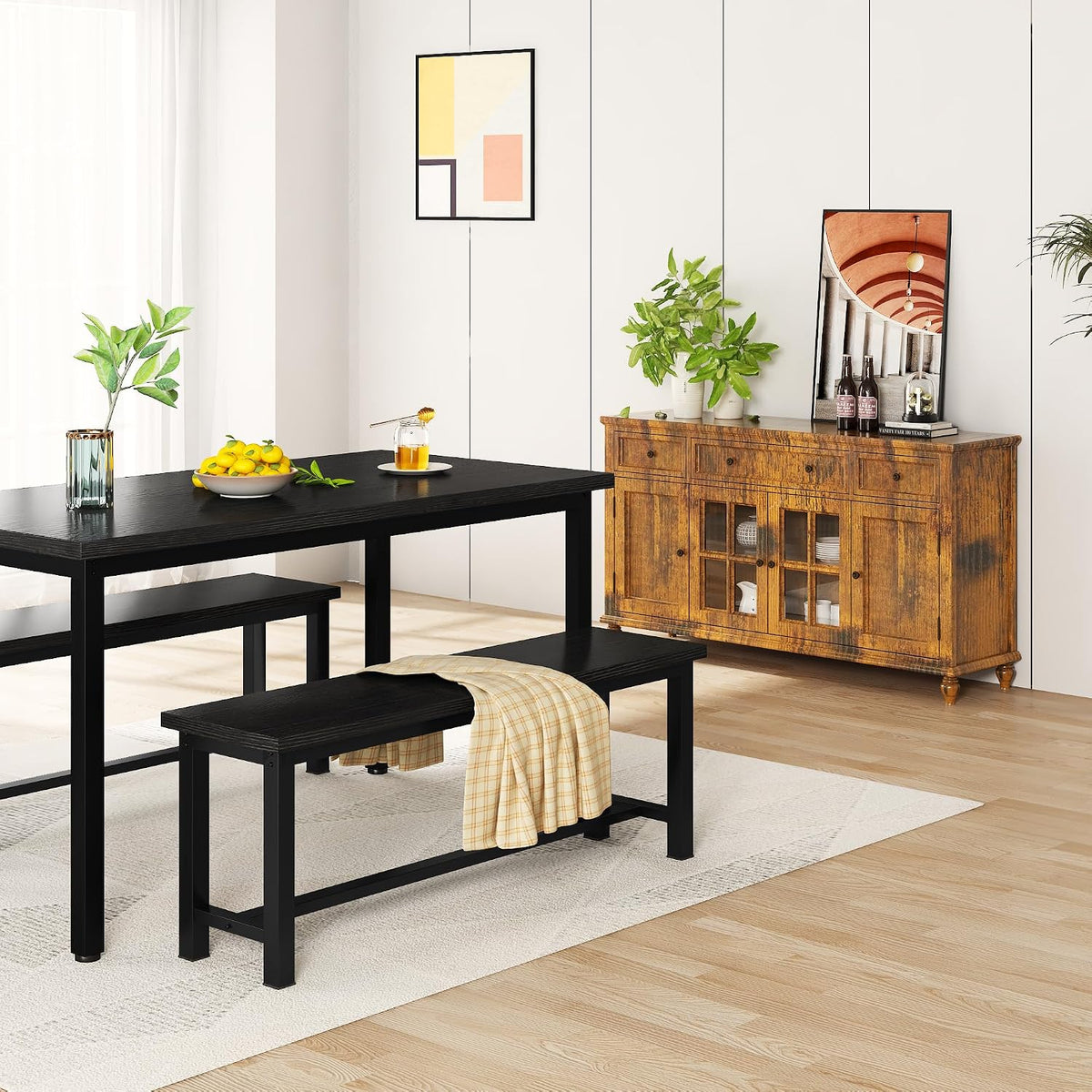 Cvortll 2-Pieces Dining Bench, 39" Rustic Wood Dining Bench Set of 2, Indoor Bench with Metal Legs, Durable and Stable for Kitchen, Living Room, Bedroom, Black