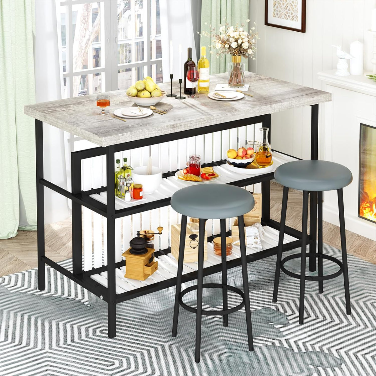 MOOSENG 3-Piece Kitchen Island Set with Storage, Wooden Bar Table and 2 Stools, Industrial Modern Counter Height Dining Table Sets for Small Spaces, Dining Room