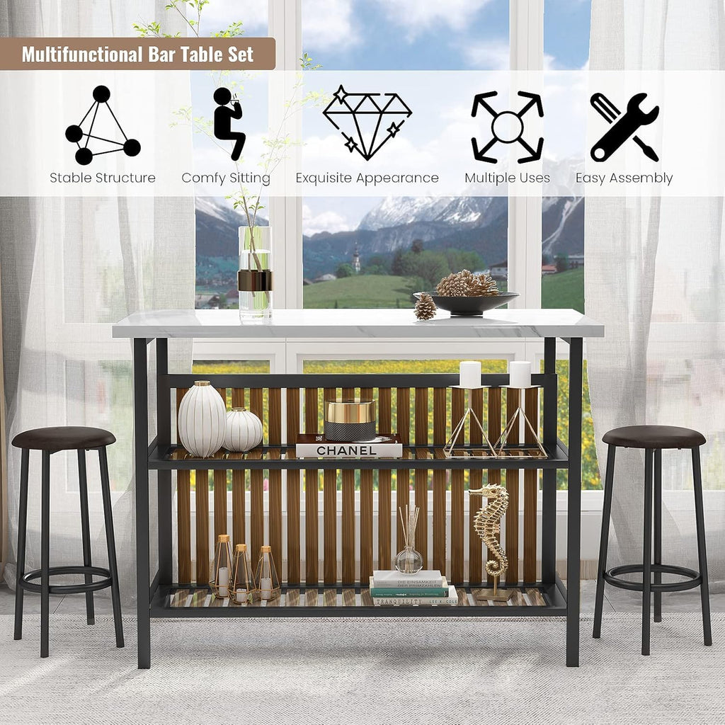 MOOSENG 3-Piece Kitchen Island Set with Storage, Wooden Bar Table and 2 Stools, Industrial Modern Counter Height Dining Table Sets for Small Spaces, Dining Room