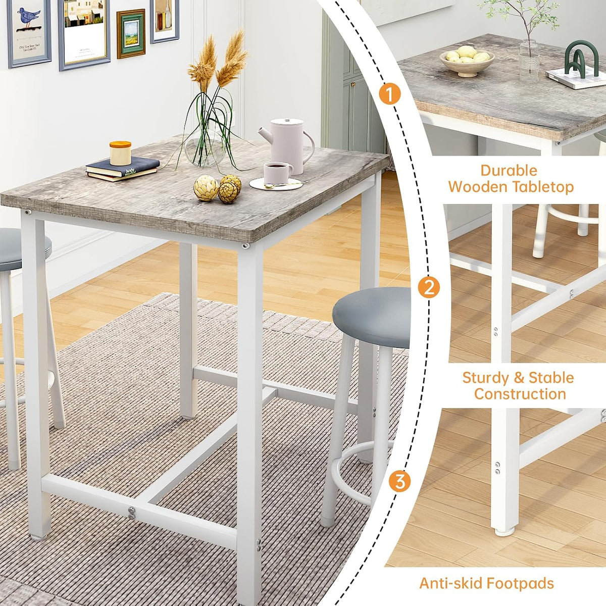 MOOSENG 3 Piece Counter Height Dining Table Set for 2, Bar Table Set of 2 Bistro Kitchen Table Sets with 2 PU Leather Bar Stools, Bar Table Set for Breakfast Nook Small Space